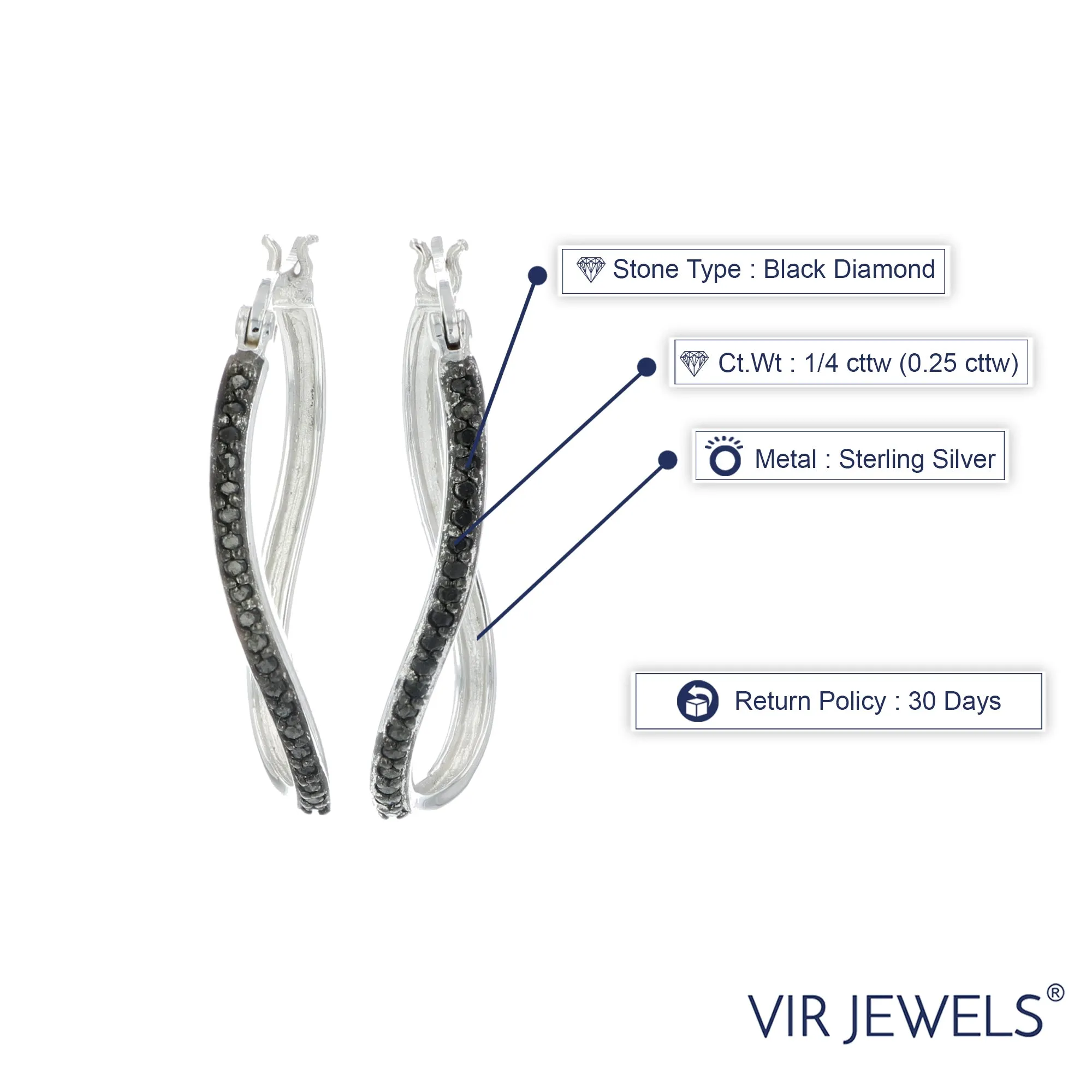 1/4 cttw Black Diamond Hoop Earrings in .925 Sterling Silver