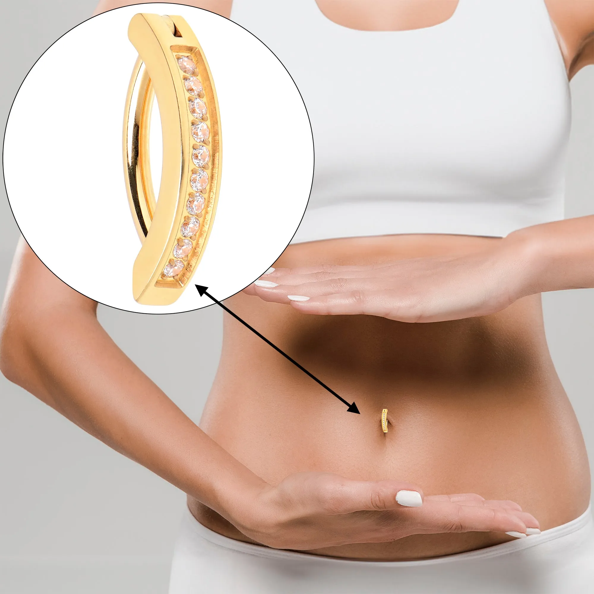 14 Gauge 3/8 Gold Tone CZ ASTM F-136 Implant Grade Titanium Hinged Hoop Belly Ring
