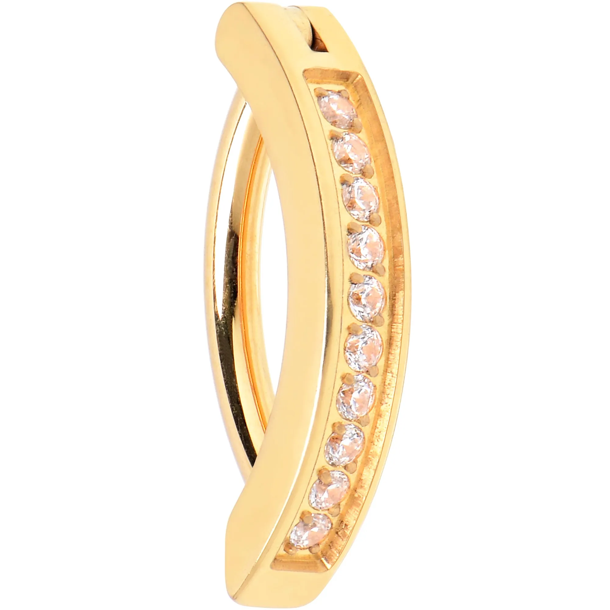 14 Gauge 3/8 Gold Tone CZ ASTM F-136 Implant Grade Titanium Hinged Hoop Belly Ring