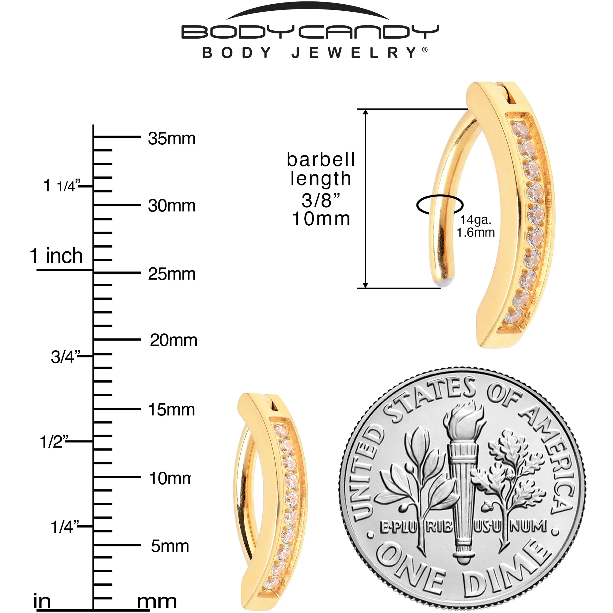 14 Gauge 3/8 Gold Tone CZ ASTM F-136 Implant Grade Titanium Hinged Hoop Belly Ring