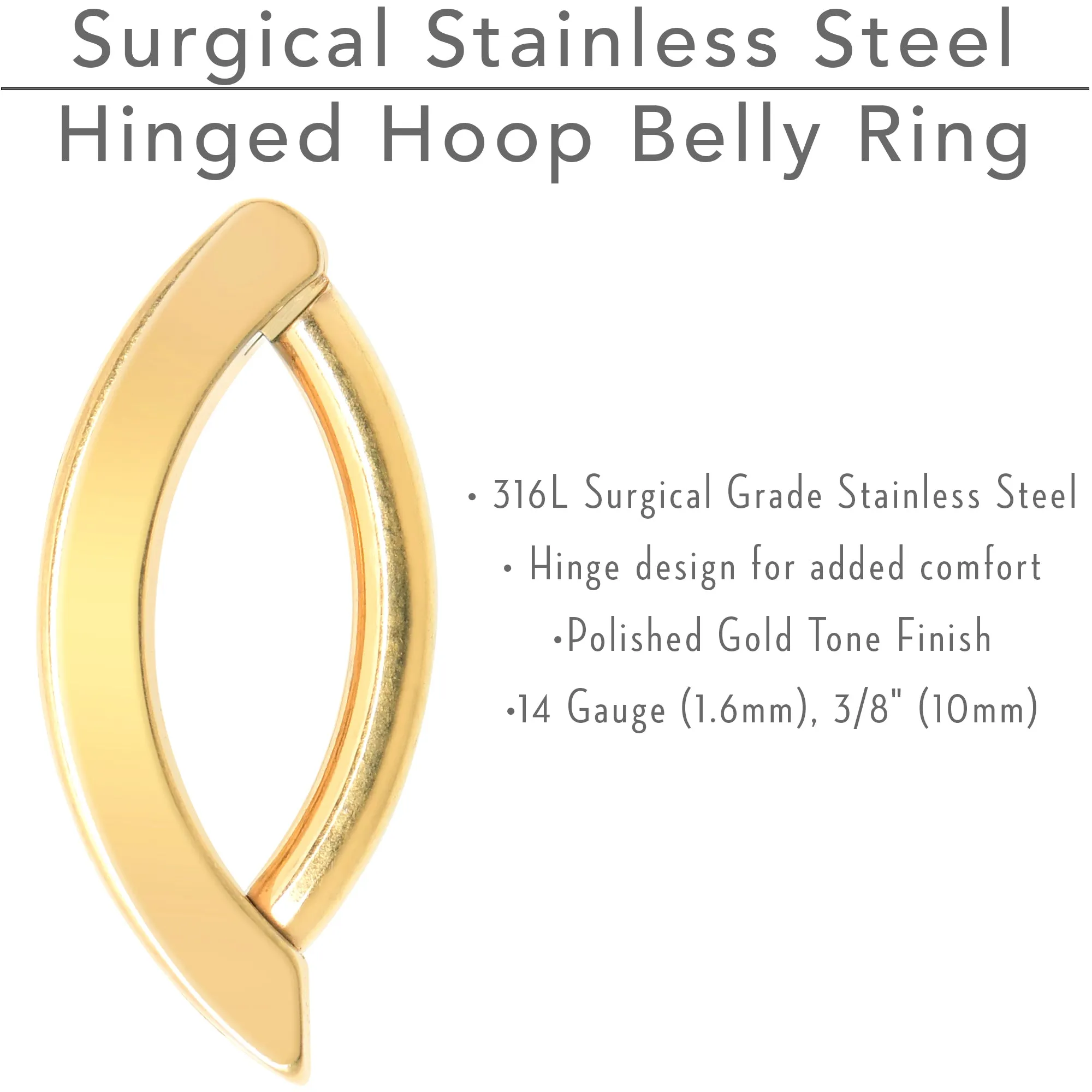 14 Gauge 3/8 Gold Tone CZ ASTM F-136 Implant Grade Titanium Hinged Hoop Belly Ring