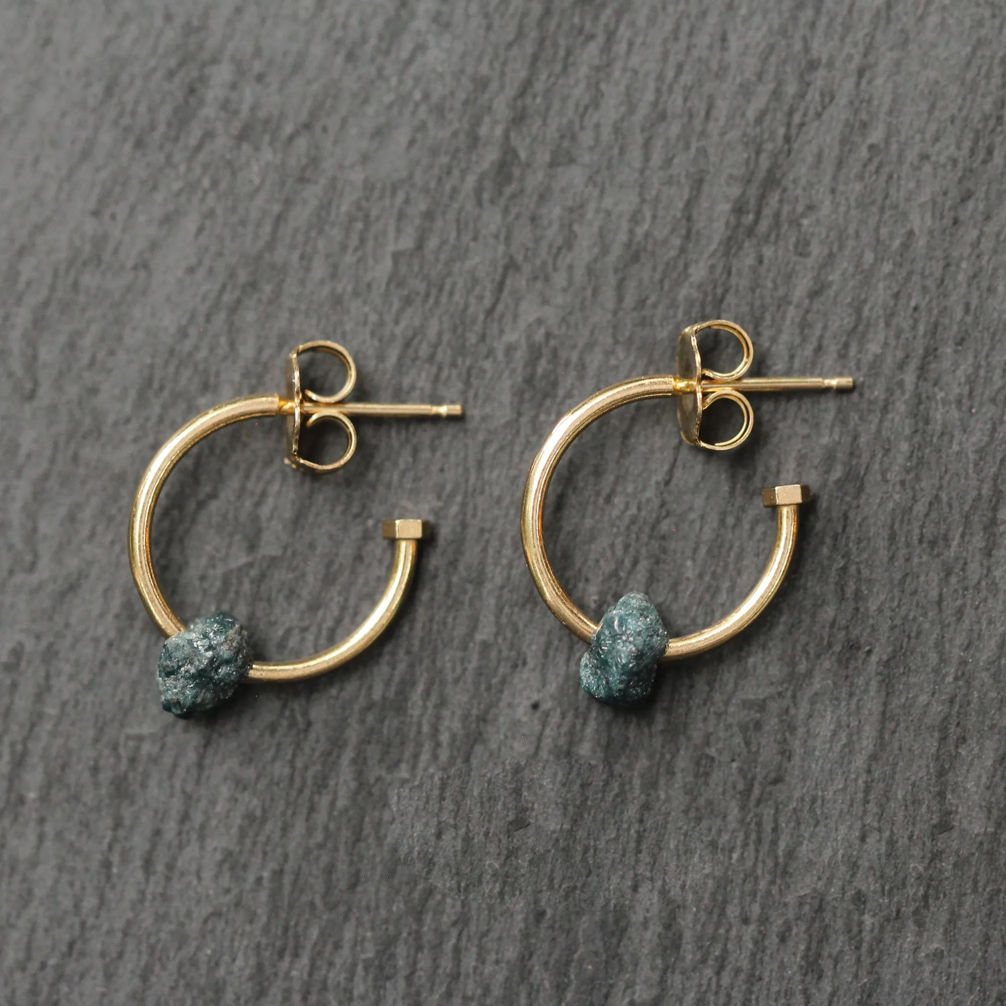 14k Gold   Rough Blue Diamond Hoop Earrings