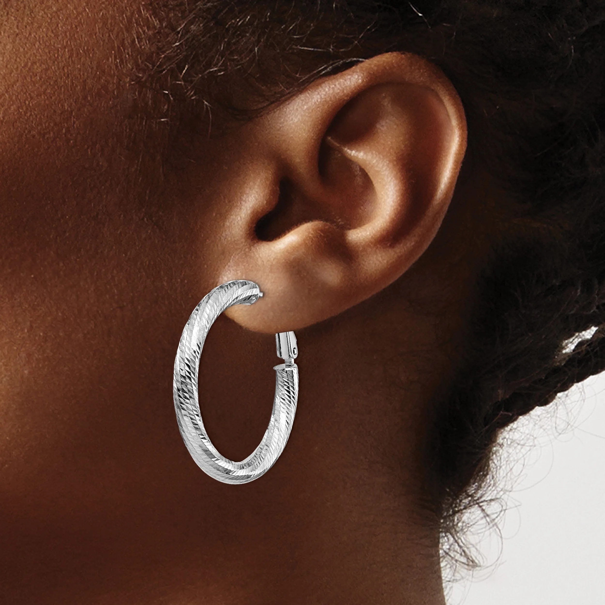 14k White Gold D.C Round Omega Hoop Earrings