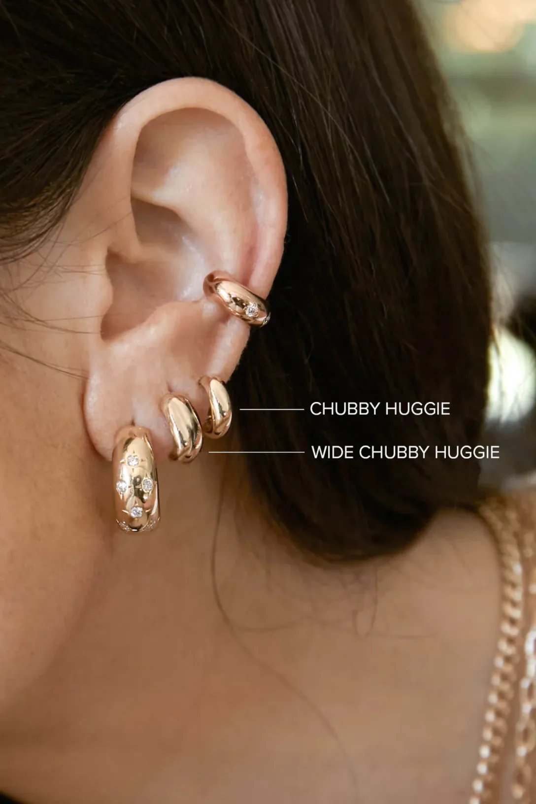 14k Wide Chubby Huggie Hoops with Bead Set Diamond
