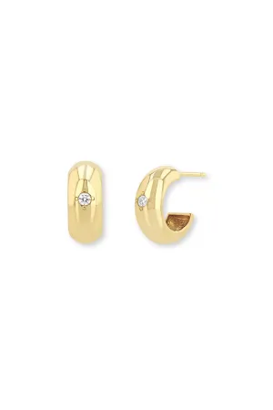 14k Wide Chubby Huggie Hoops with Bead Set Diamond