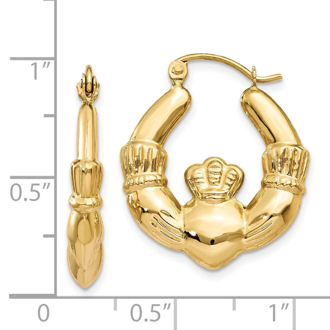 14k Yellow Gold Polished Claddagh Hoop Earrings