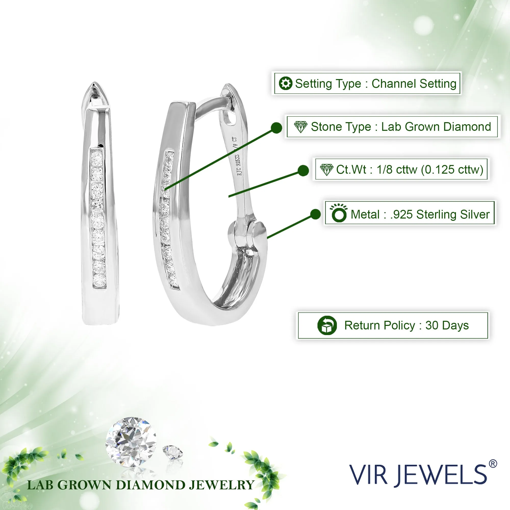 1/8 cttw Lab Grown Diamond Channel Hoop Earrings in Sterling Silver