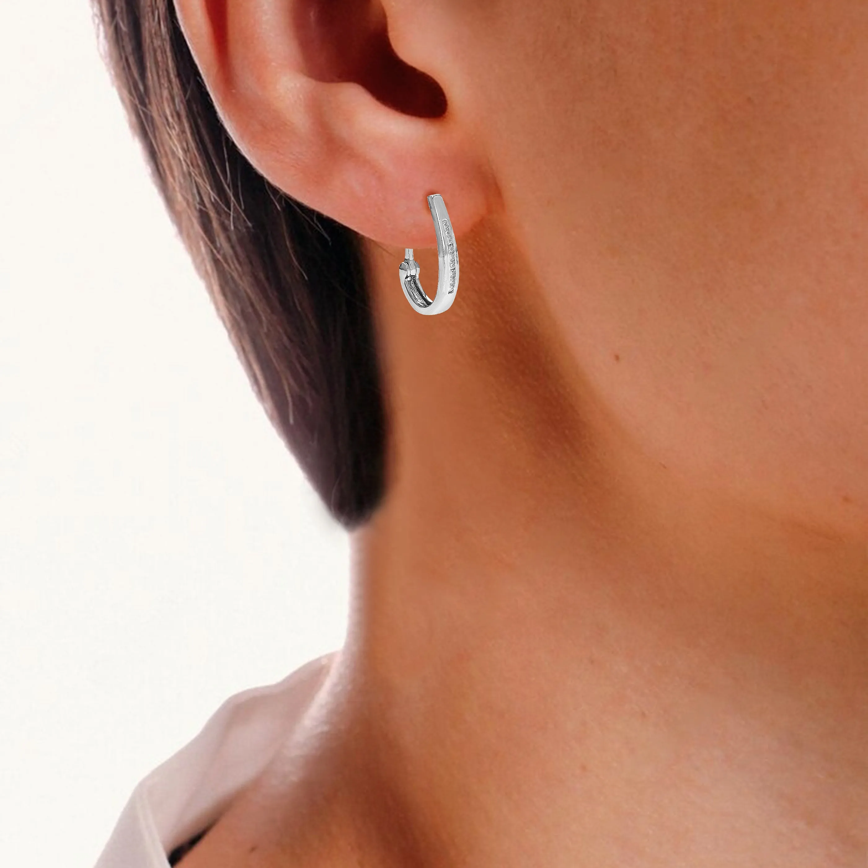 1/8 cttw Lab Grown Diamond Channel Hoop Earrings in Sterling Silver