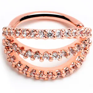 18 Gauge 5/16 Clear CZ Gem Rose Gold Tone Faux Triple Hoop Closure Ring