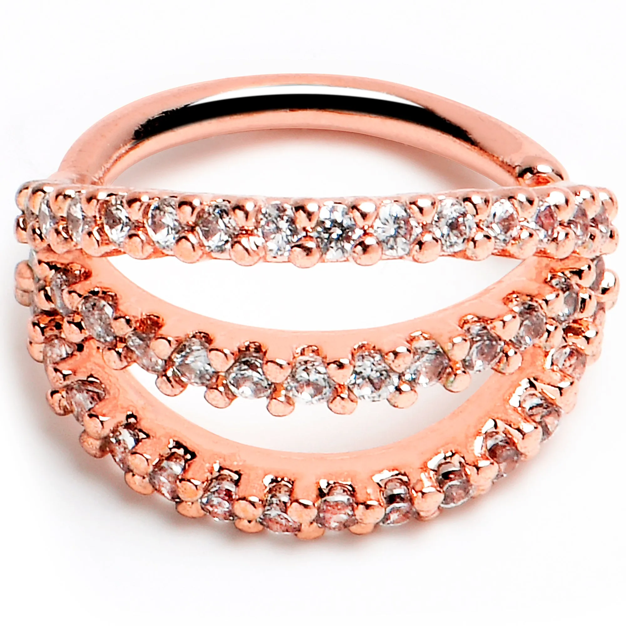 18 Gauge 5/16 Clear CZ Gem Rose Gold Tone Faux Triple Hoop Closure Ring