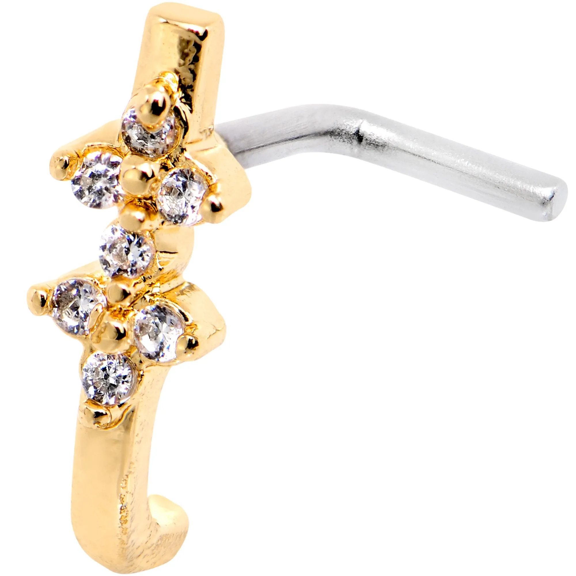 18 Gauge Clear CZ Gold Tone Bling Faux Hoop L Shaped Nose Ring