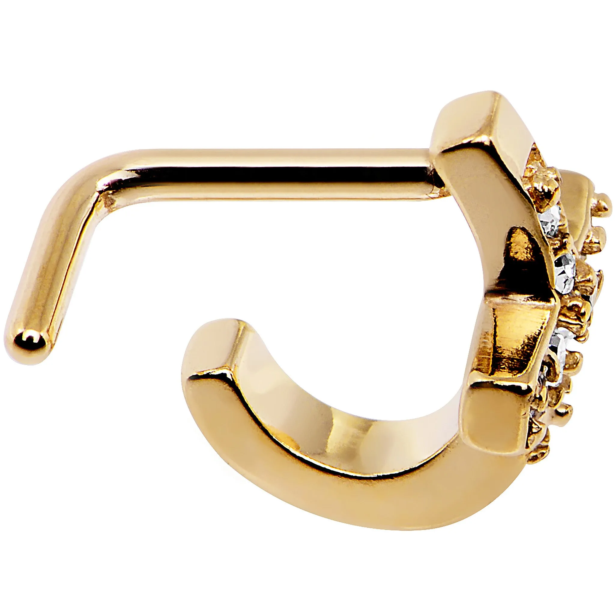 18 Gauge Clear Gem Gold PVD Cross Faux Hoop L Shaped Nose Ring