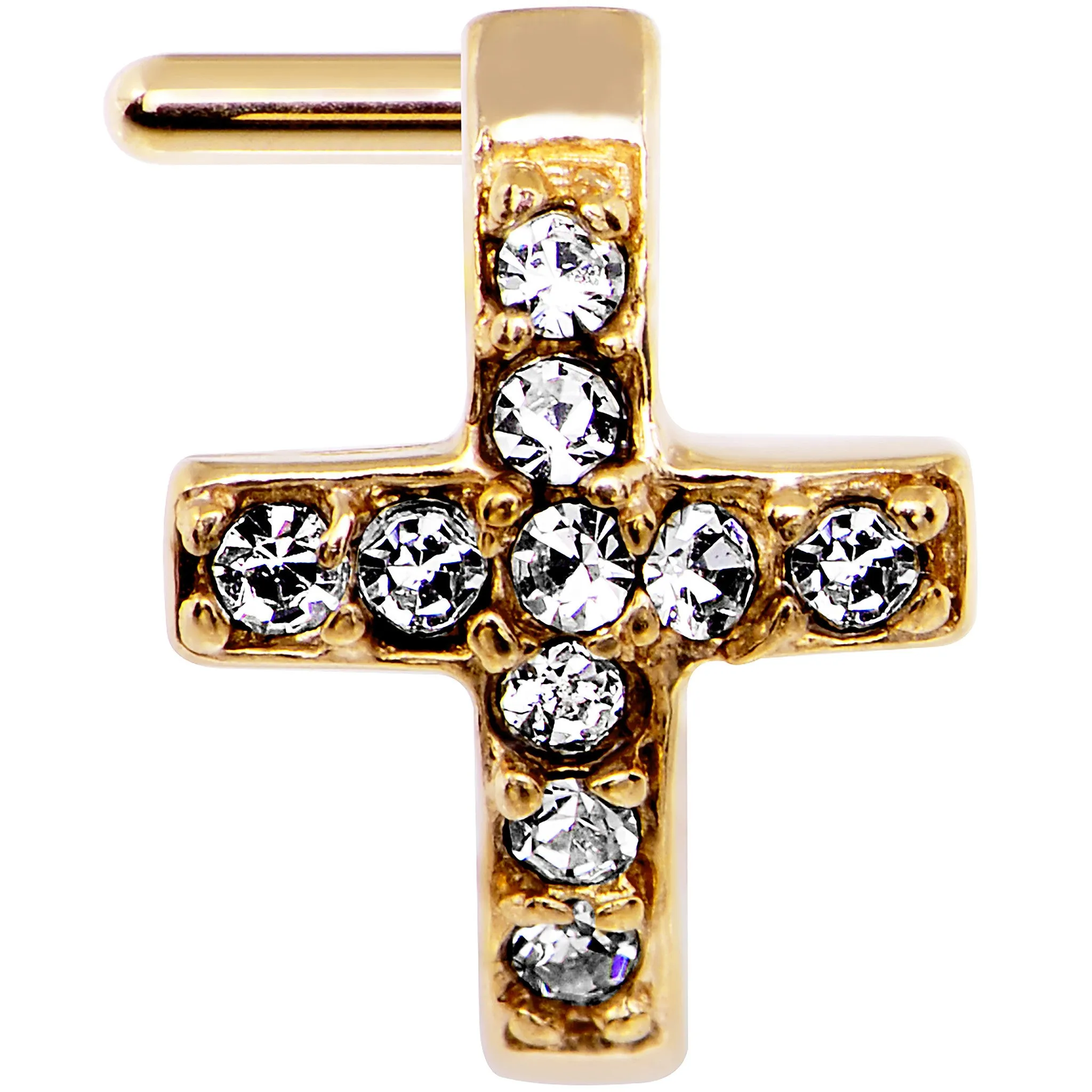 18 Gauge Clear Gem Gold PVD Cross Faux Hoop L Shaped Nose Ring