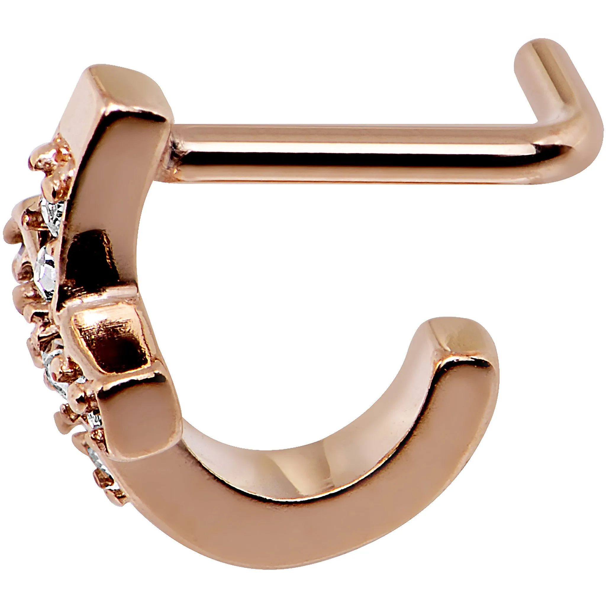 18 Gauge Clear Rose Gold PVD Cross Faux Hoop L Shaped Nose Ring