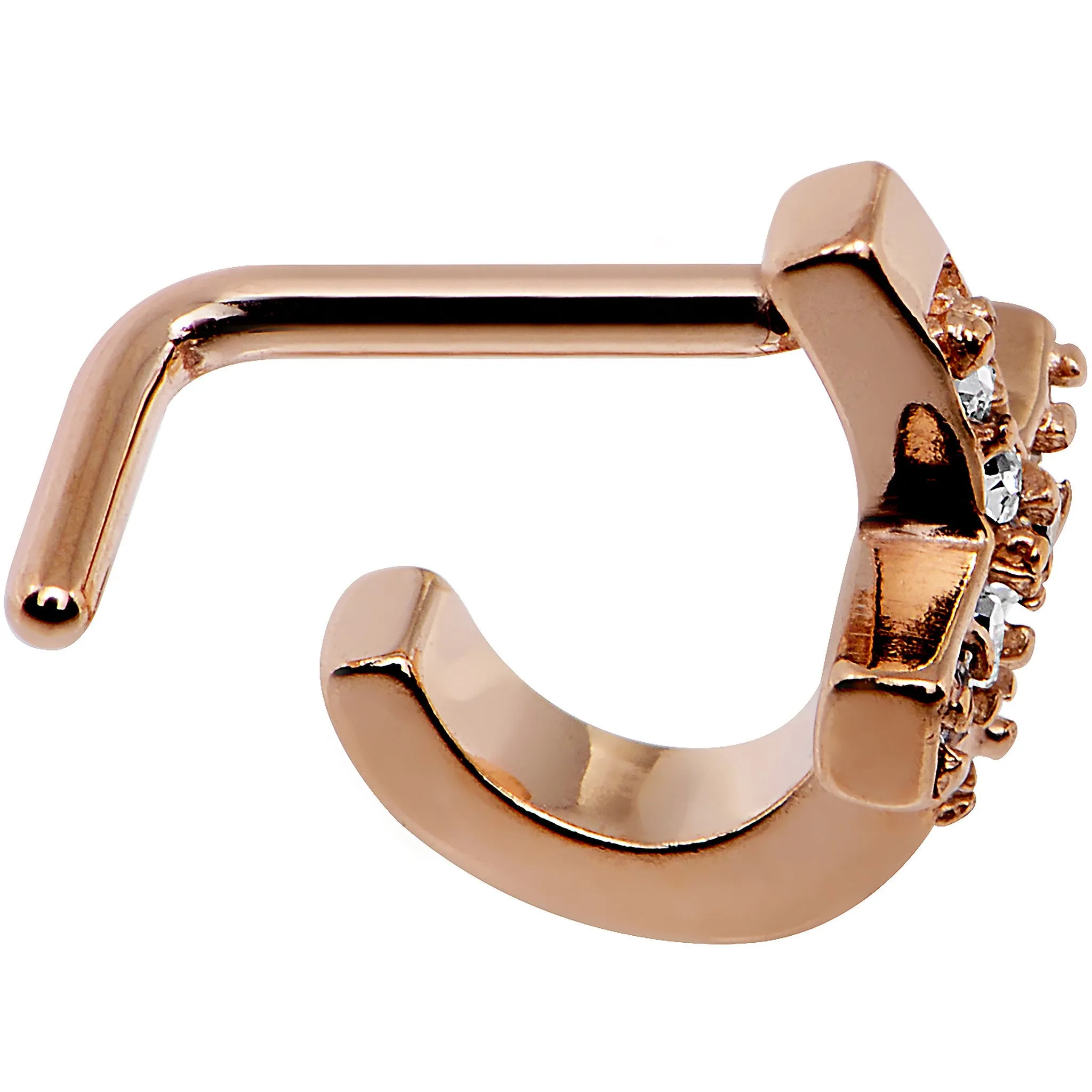 18 Gauge Clear Rose Gold PVD Cross Faux Hoop L Shaped Nose Ring