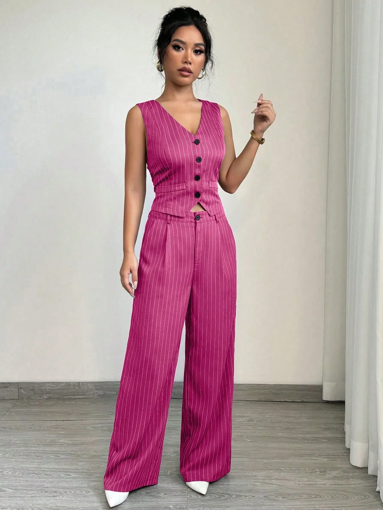1set Women Casual Striped Vest   Women Casual Suit Pants