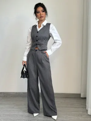 1set Women Casual Striped Vest   Women Casual Suit Pants