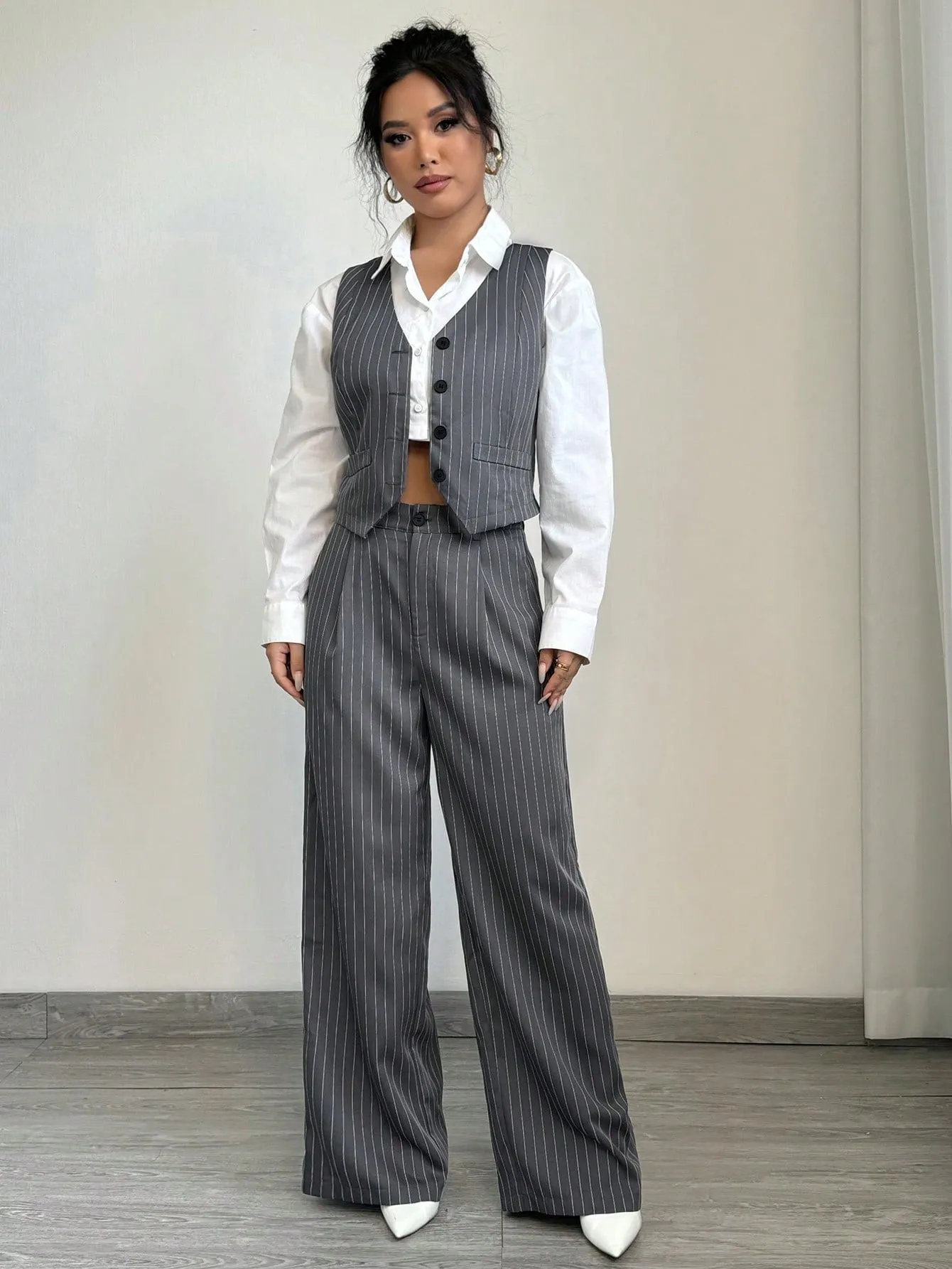 1set Women Casual Striped Vest   Women Casual Suit Pants