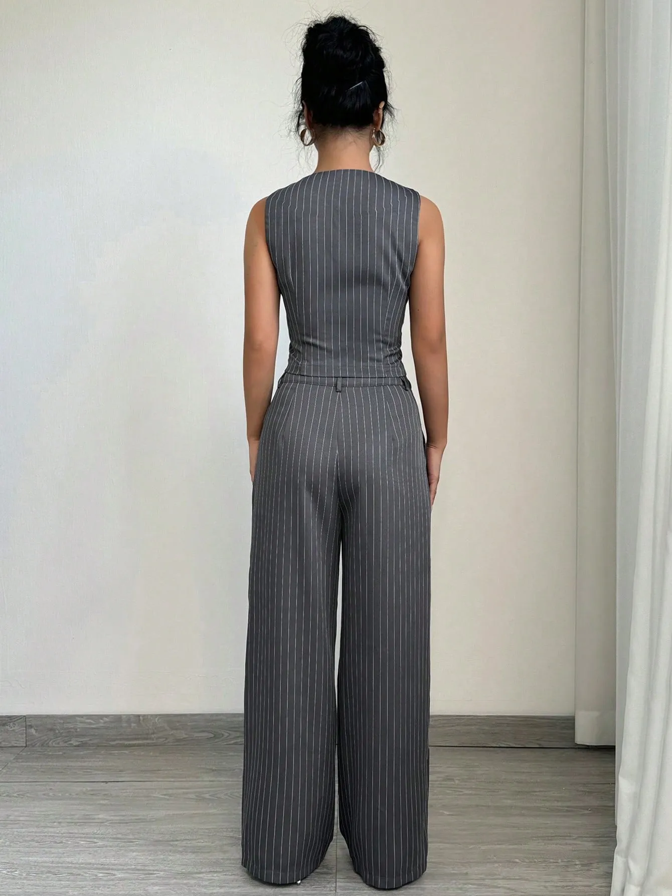 1set Women Casual Striped Vest   Women Casual Suit Pants
