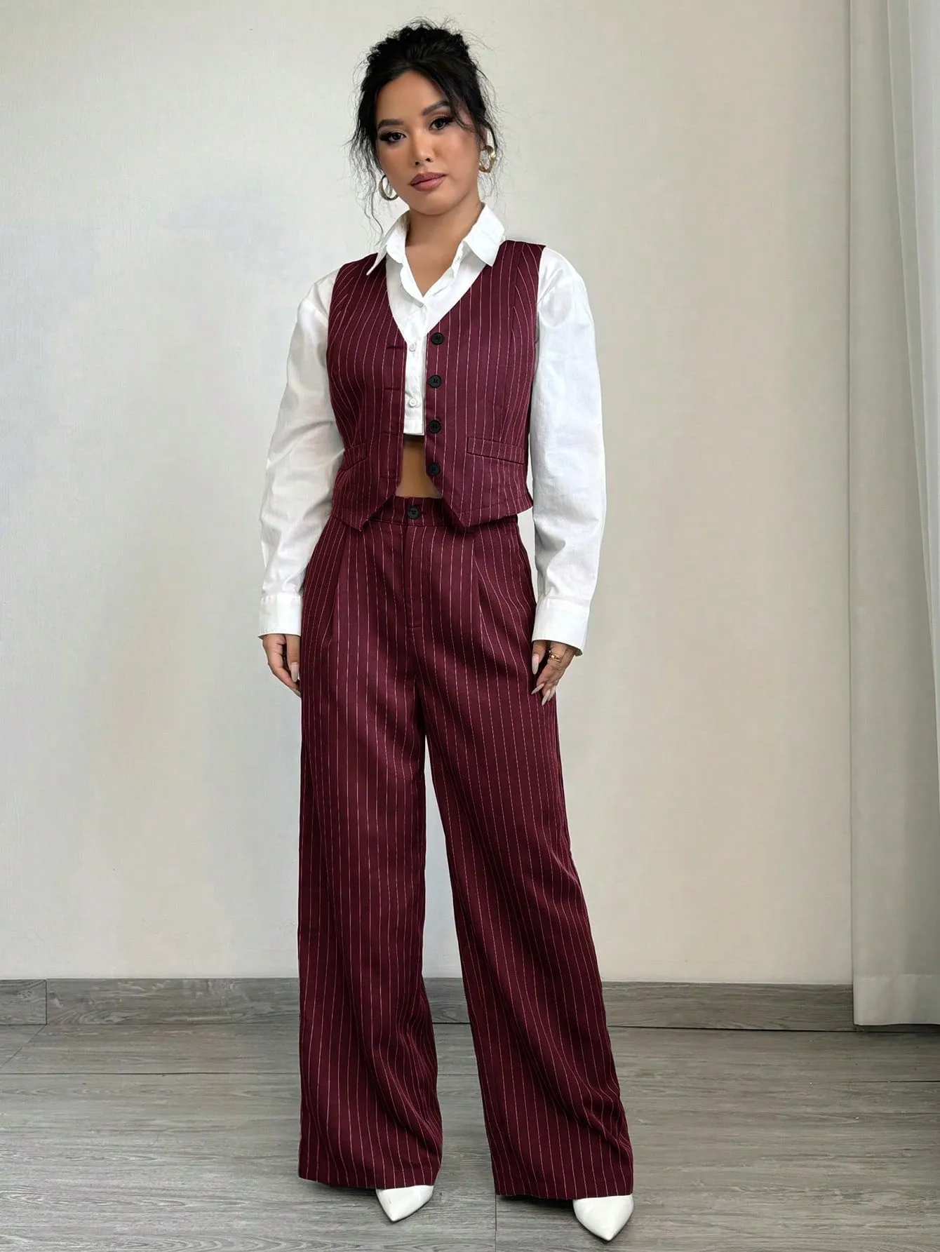 1set Women Casual Striped Vest   Women Casual Suit Pants