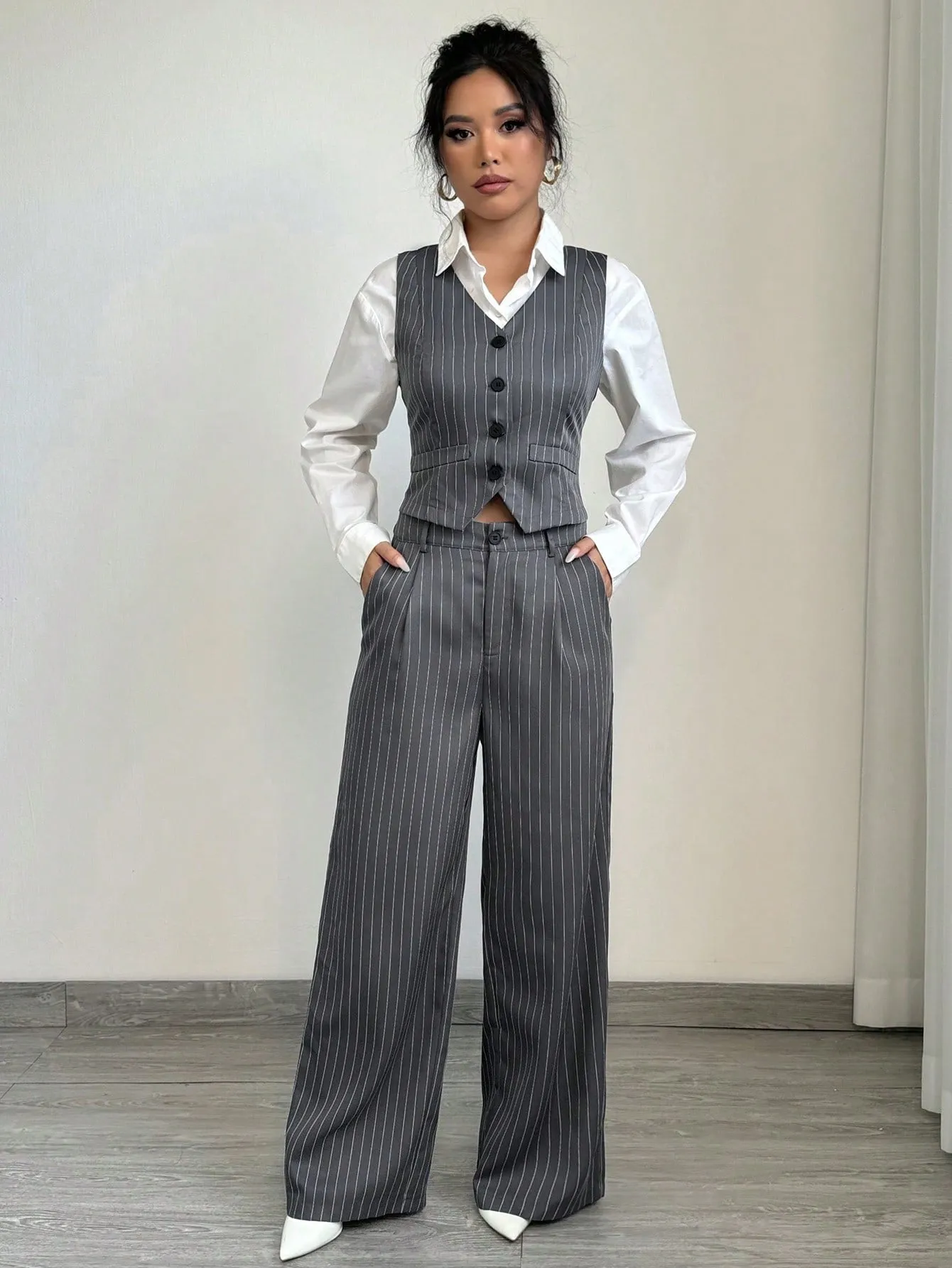 1set Women Casual Striped Vest   Women Casual Suit Pants