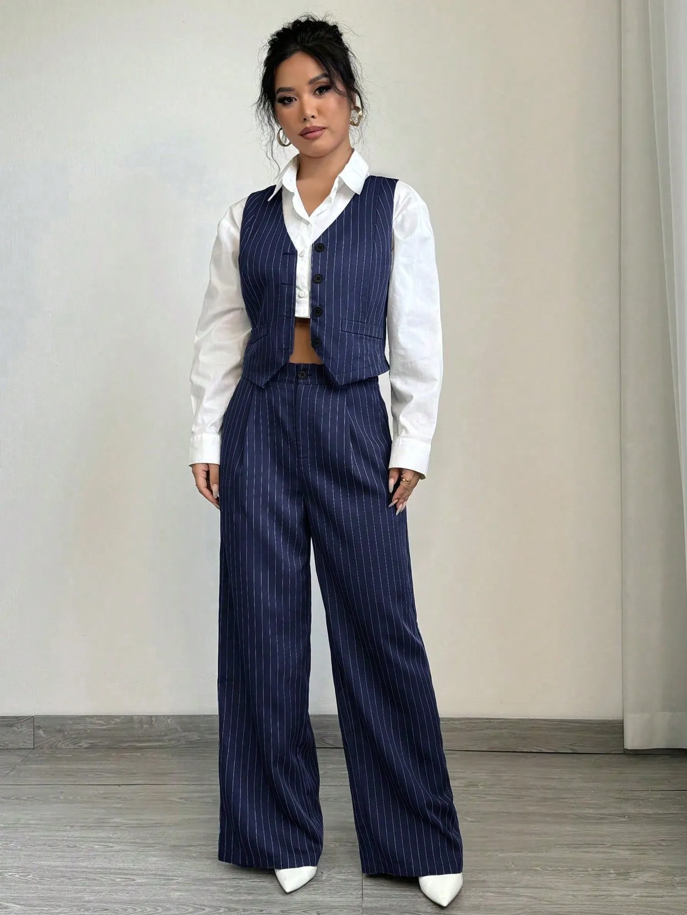 1set Women Casual Striped Vest   Women Casual Suit Pants
