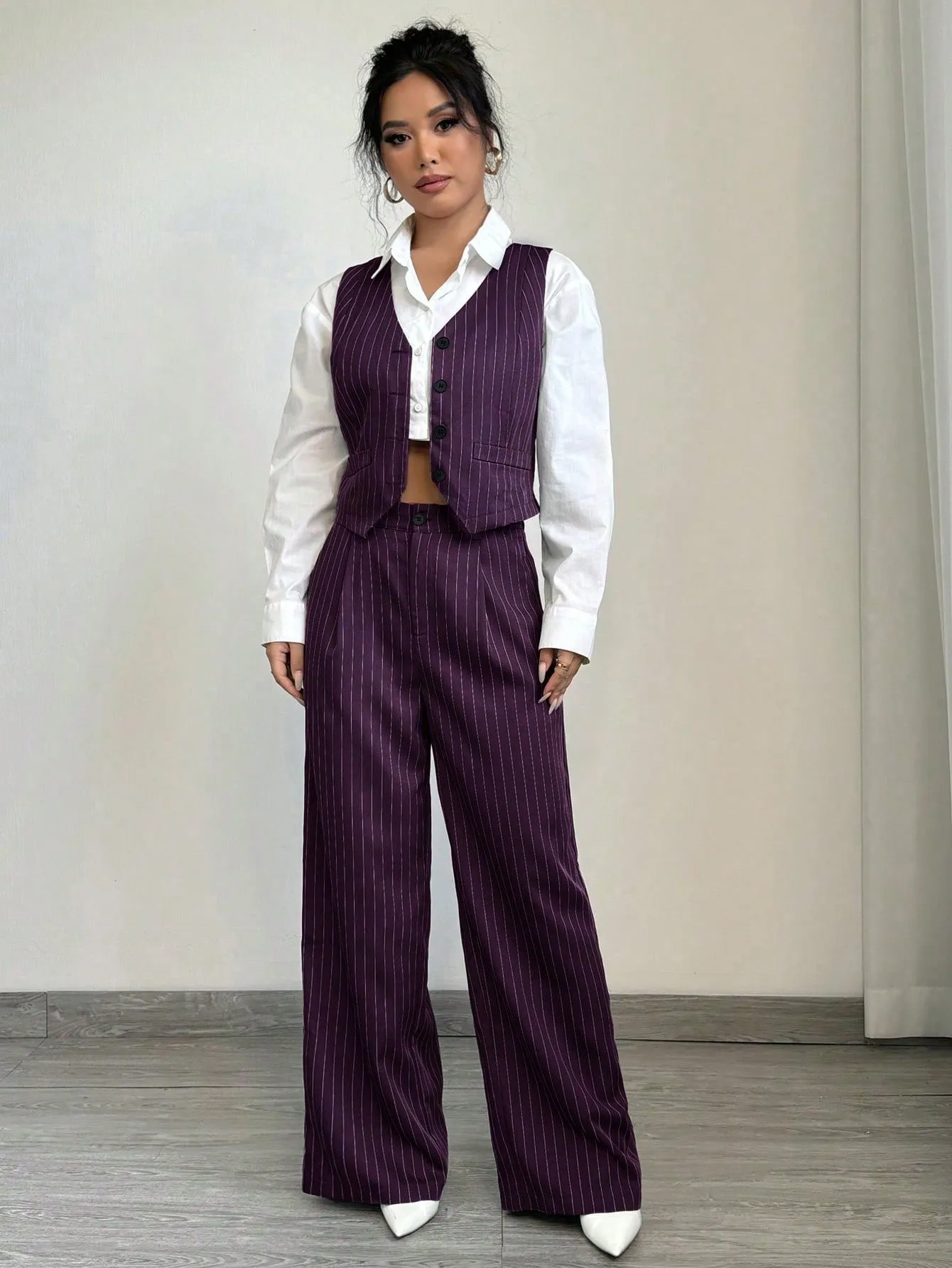 1set Women Casual Striped Vest   Women Casual Suit Pants