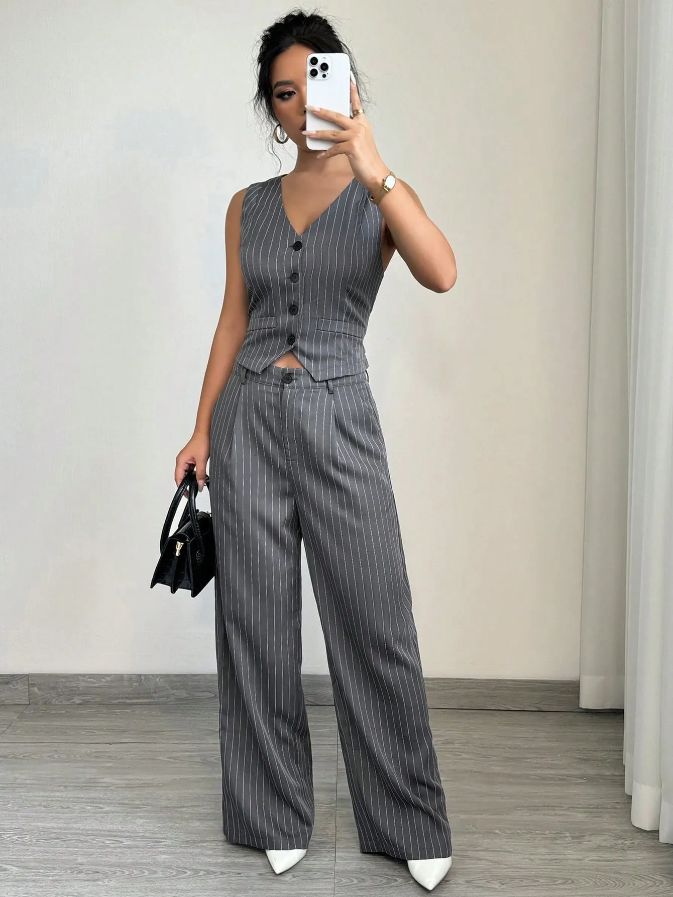 1set Women Casual Striped Vest   Women Casual Suit Pants