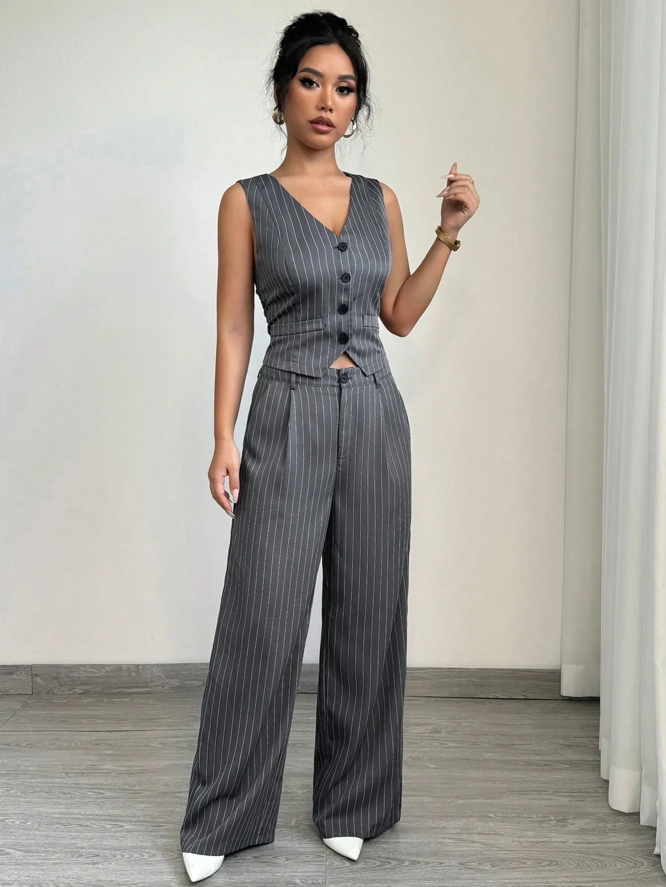 1set Women Casual Striped Vest   Women Casual Suit Pants