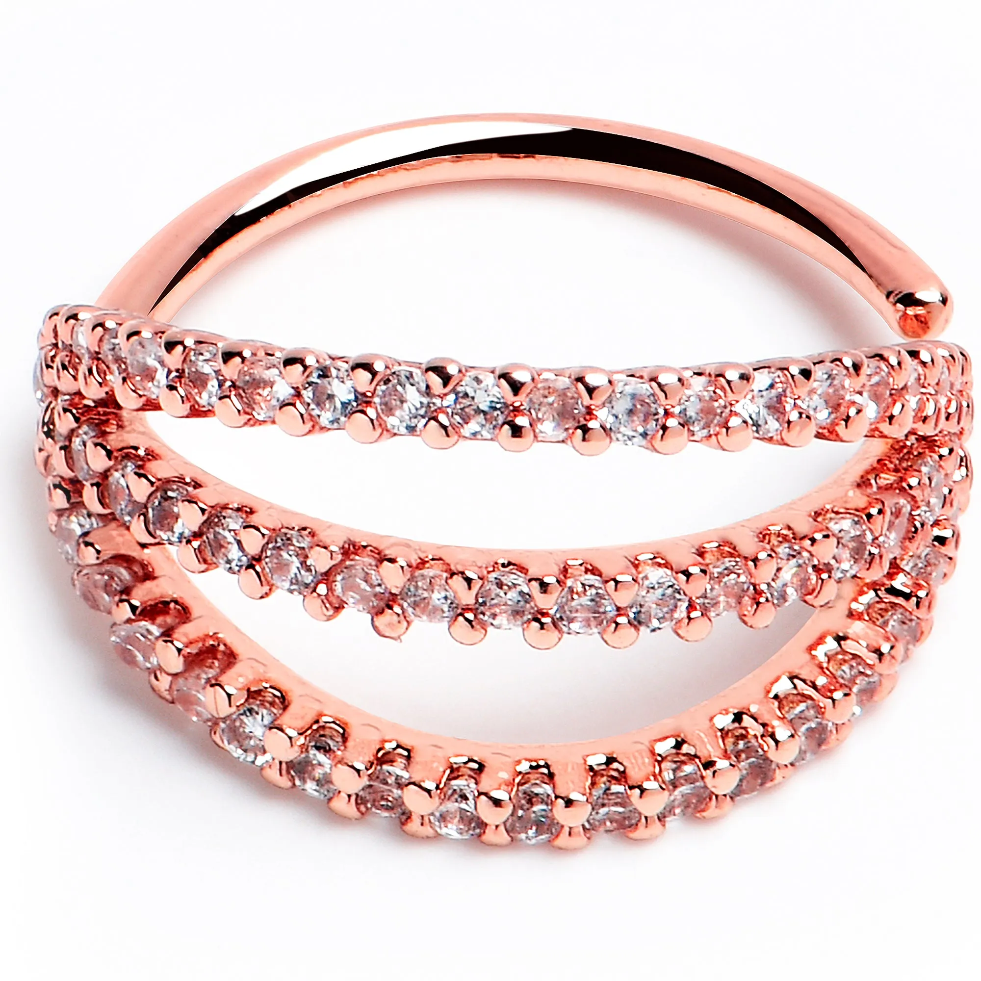 20 Gauge 3/8 Clear CZ Gem Rose Gold Tone Faux Triple Hoop Nose Hoop