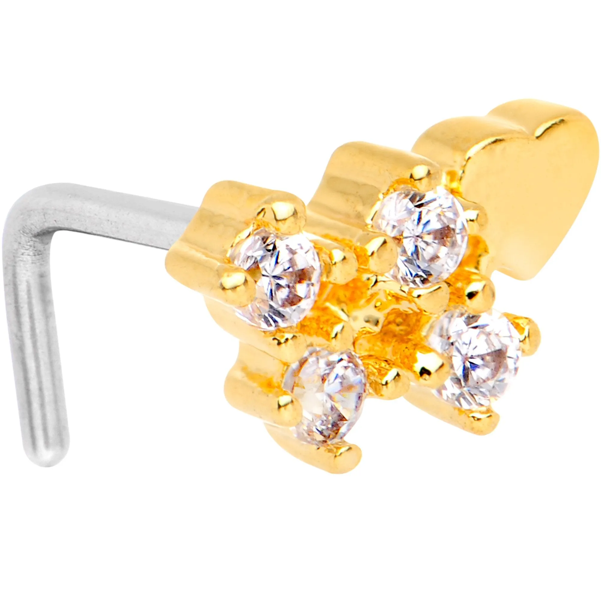 20 Gauge Clear CZ Gold Tone Heart Faux Hoop L Shaped Nose Ring