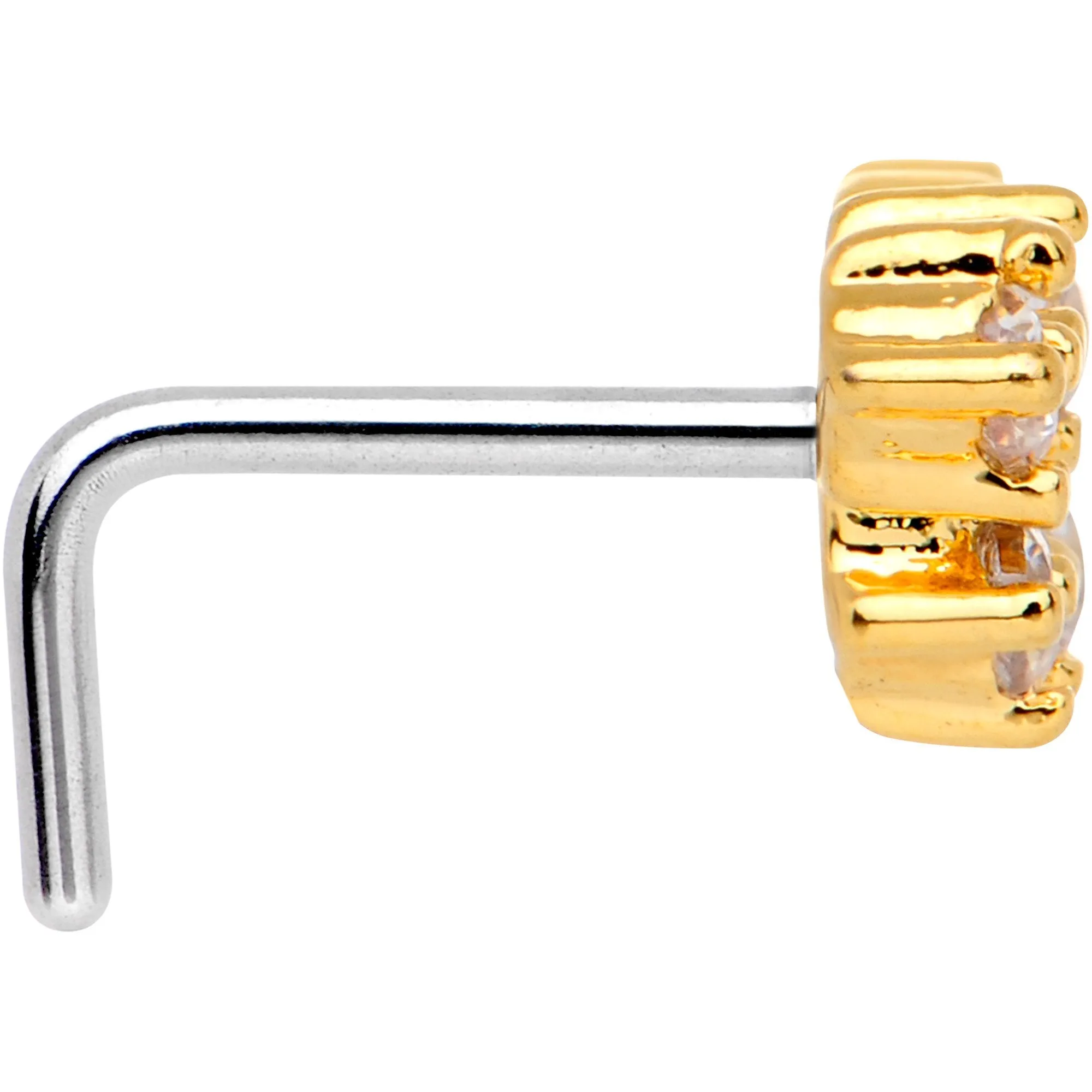 20 Gauge Clear CZ Gold Tone Heart Faux Hoop L Shaped Nose Ring