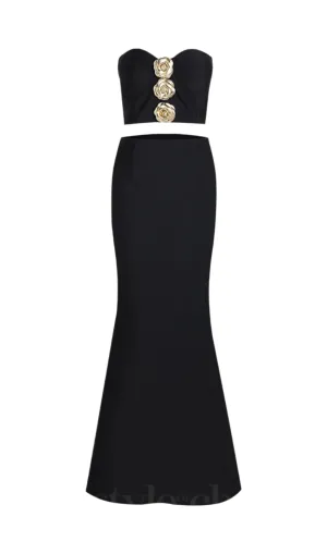 3D FLOWER EMBELLISHED SET IN BLACK