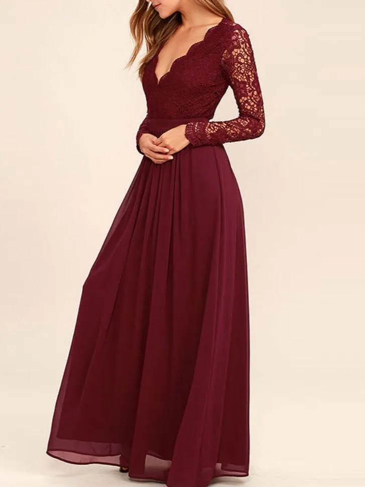 A-line Burgundy Chiffon Long Sleeves Lace Bridesmaid Dresses, TYP1231