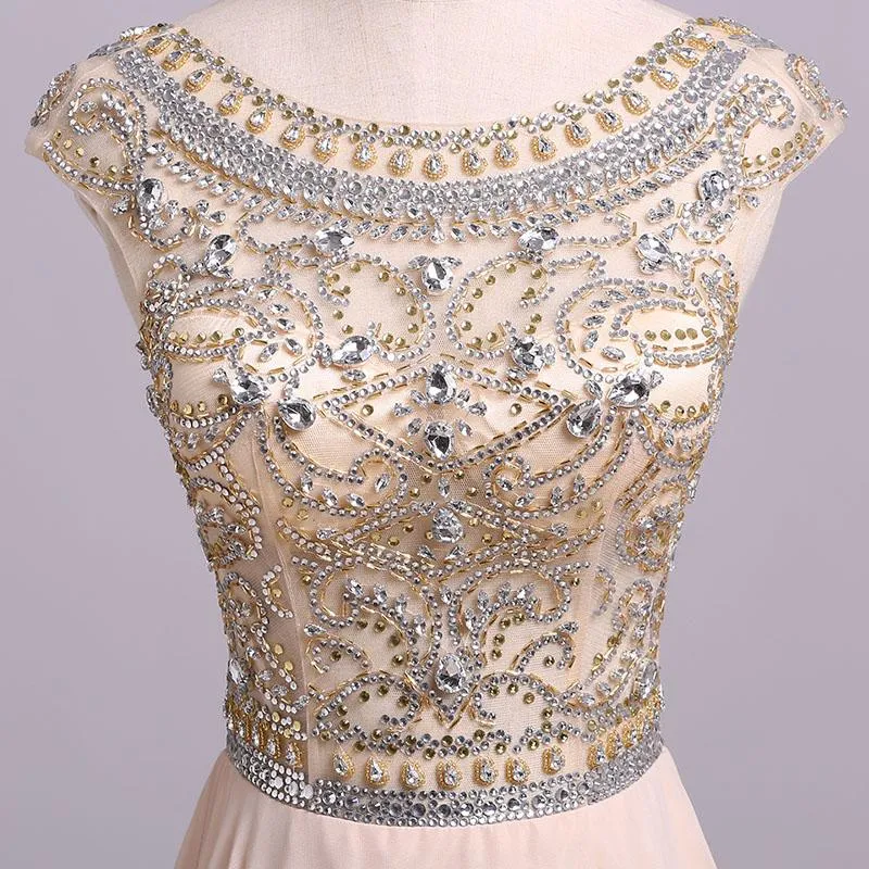 A Line Floor Length Scoop Chiffon Prom Dress, Beading Long Evening Dresses M1508