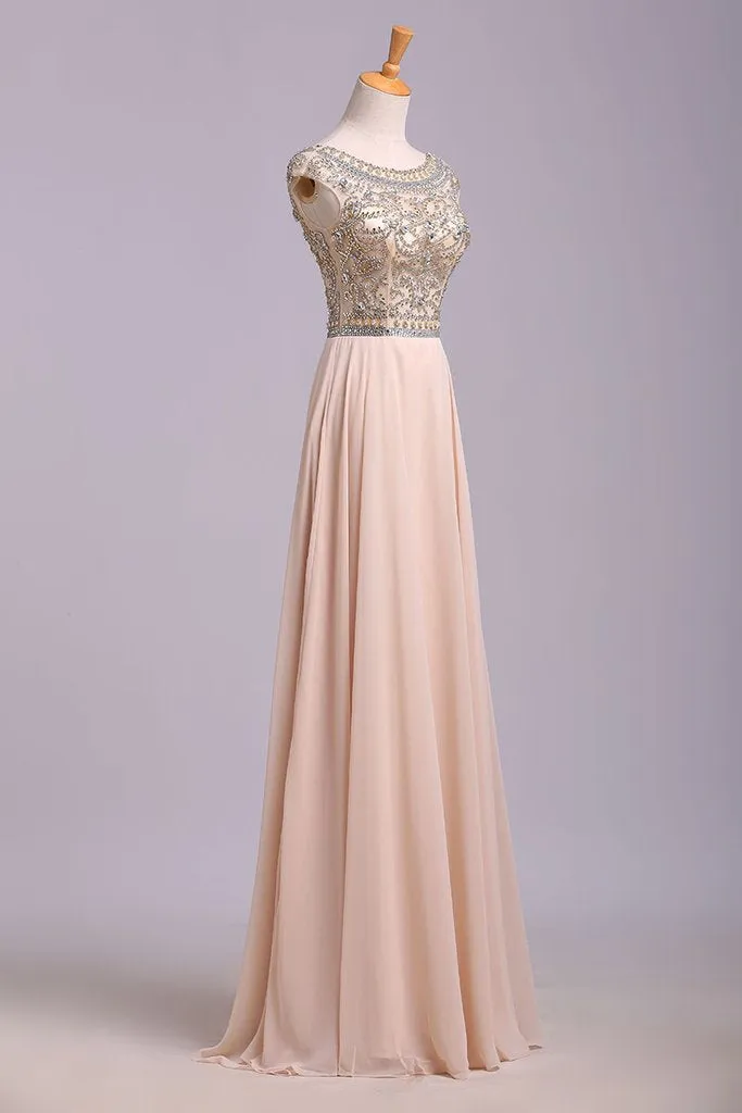 A Line Floor Length Scoop Chiffon Prom Dress, Beading Long Evening Dresses M1508