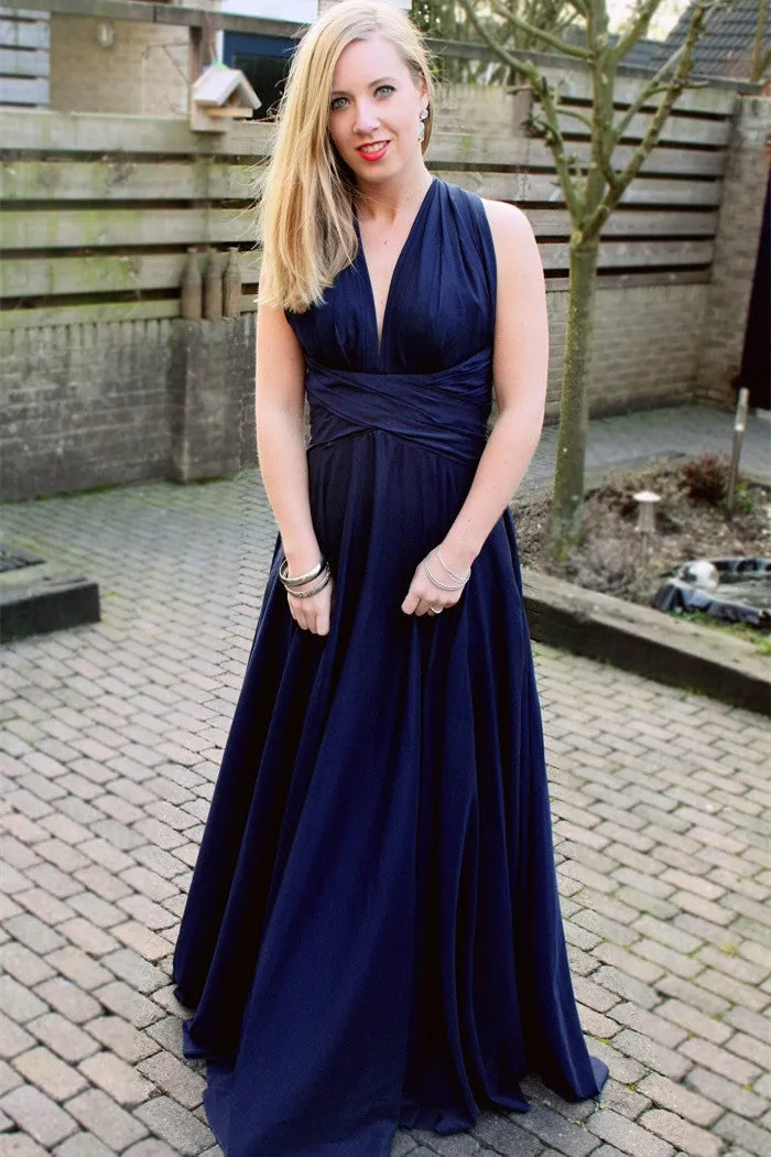 A-line Halter V-neck Floor Length Chiffon Backless Evening Dress