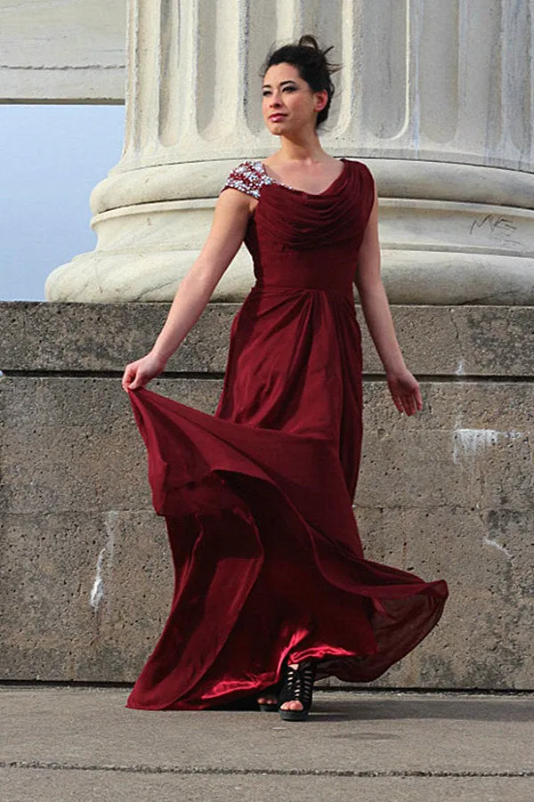 A-line Round Collar Floor Length Chiffon Beading Prom Dress