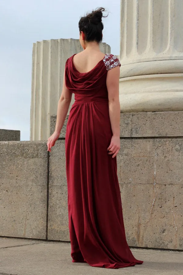 A-line Round Collar Floor Length Chiffon Beading Prom Dress