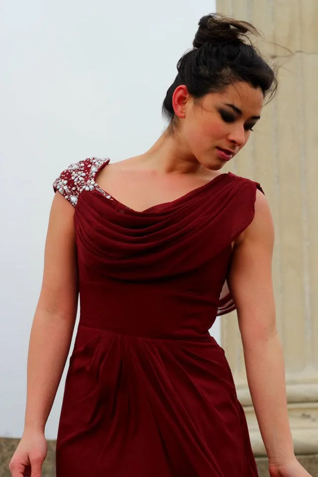 A-line Round Collar Floor Length Chiffon Beading Prom Dress