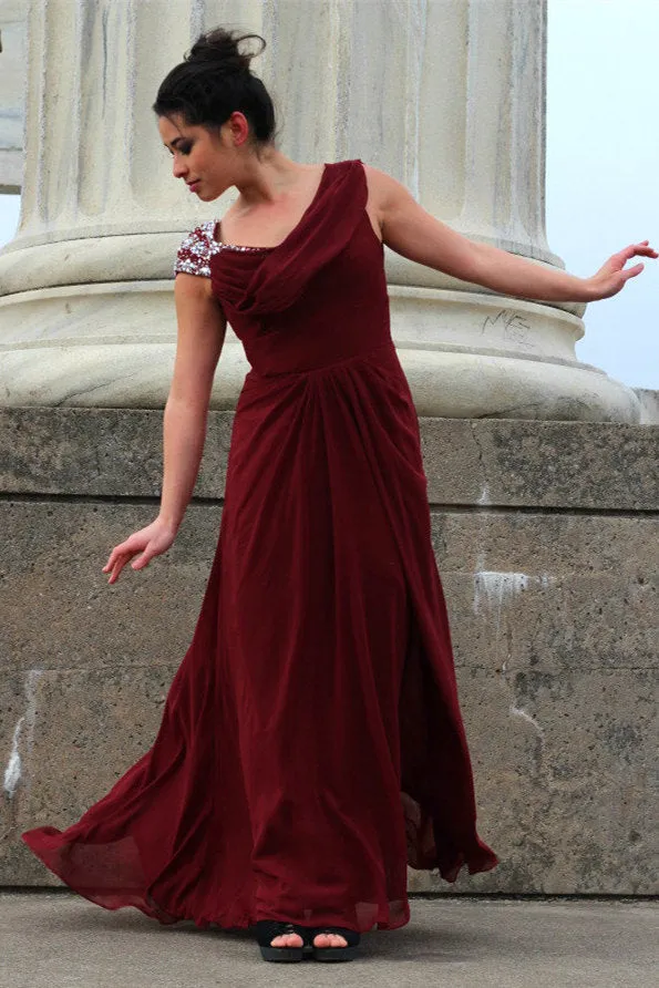 A-line Round Collar Floor Length Chiffon Beading Prom Dress