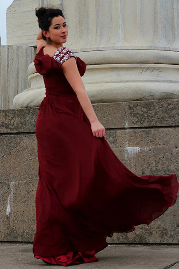 A-line Round Collar Floor Length Chiffon Beading Prom Dress