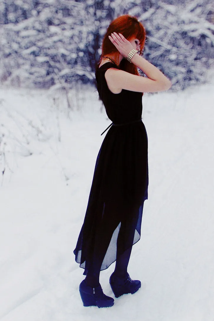 A-line Round Collar High-low Length Chiffon Prom Dress