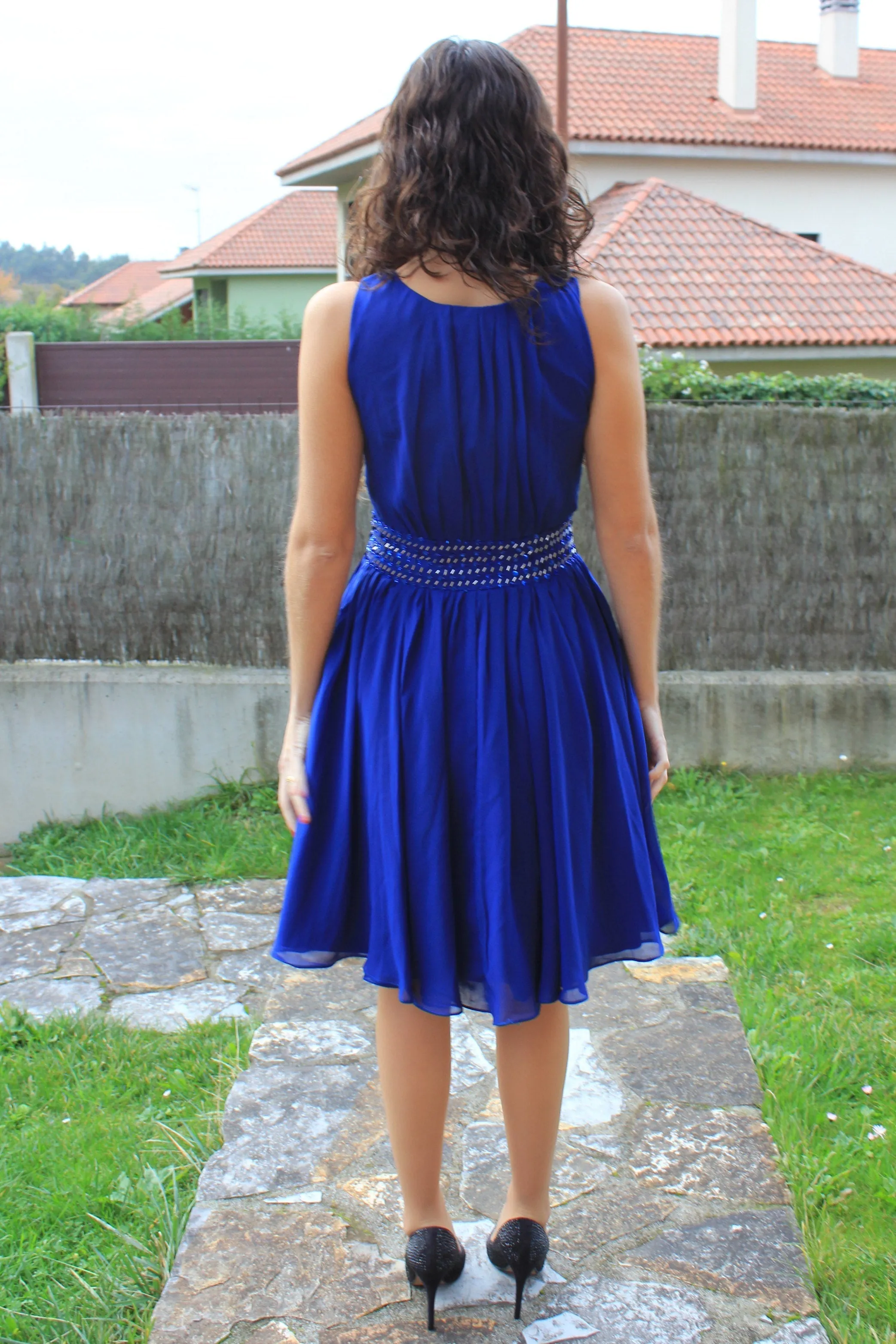 A-line Small Round Collar Knee Length Chiffon Beaded Prom Dress
