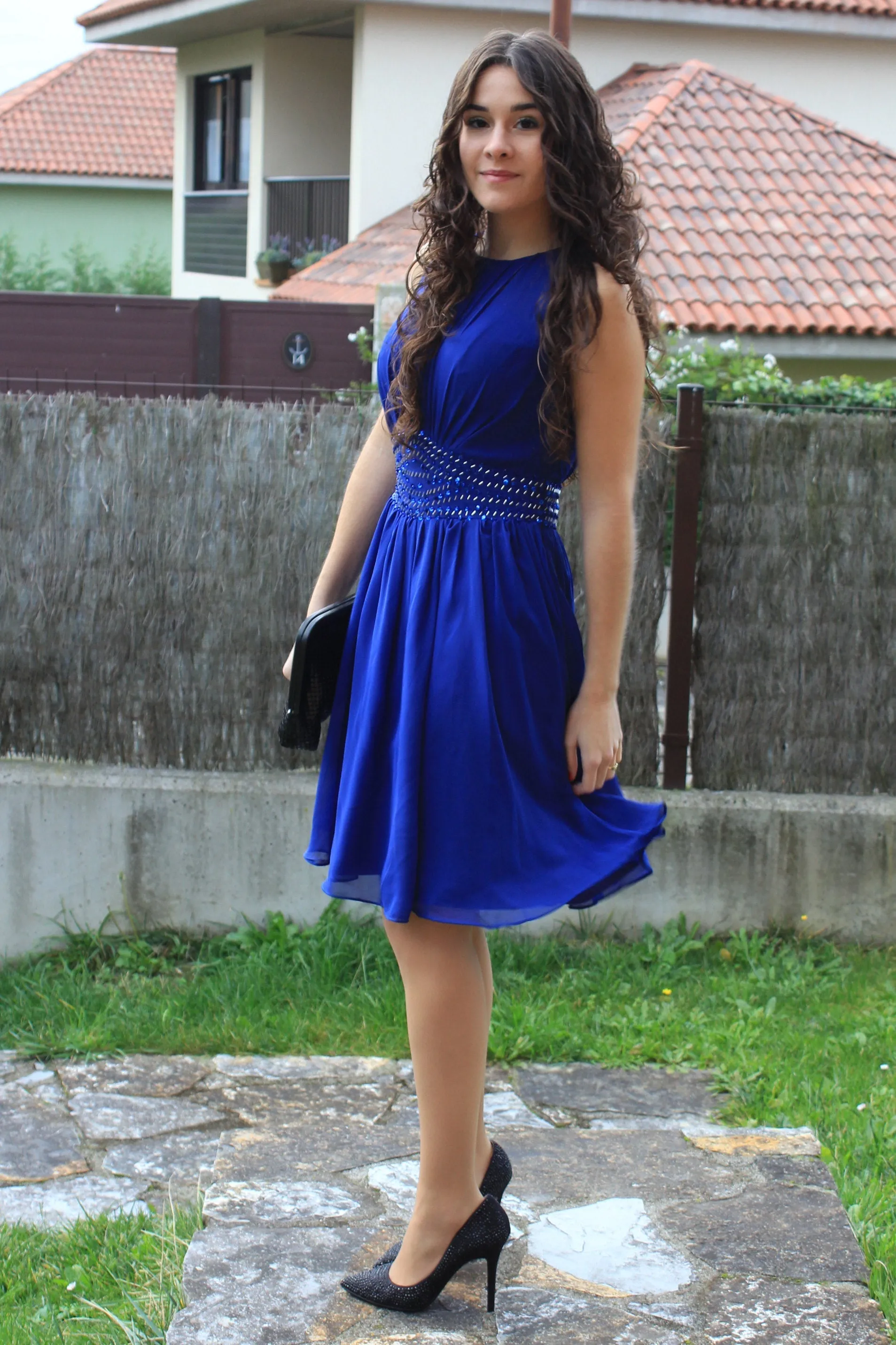 A-line Small Round Collar Knee Length Chiffon Beaded Prom Dress