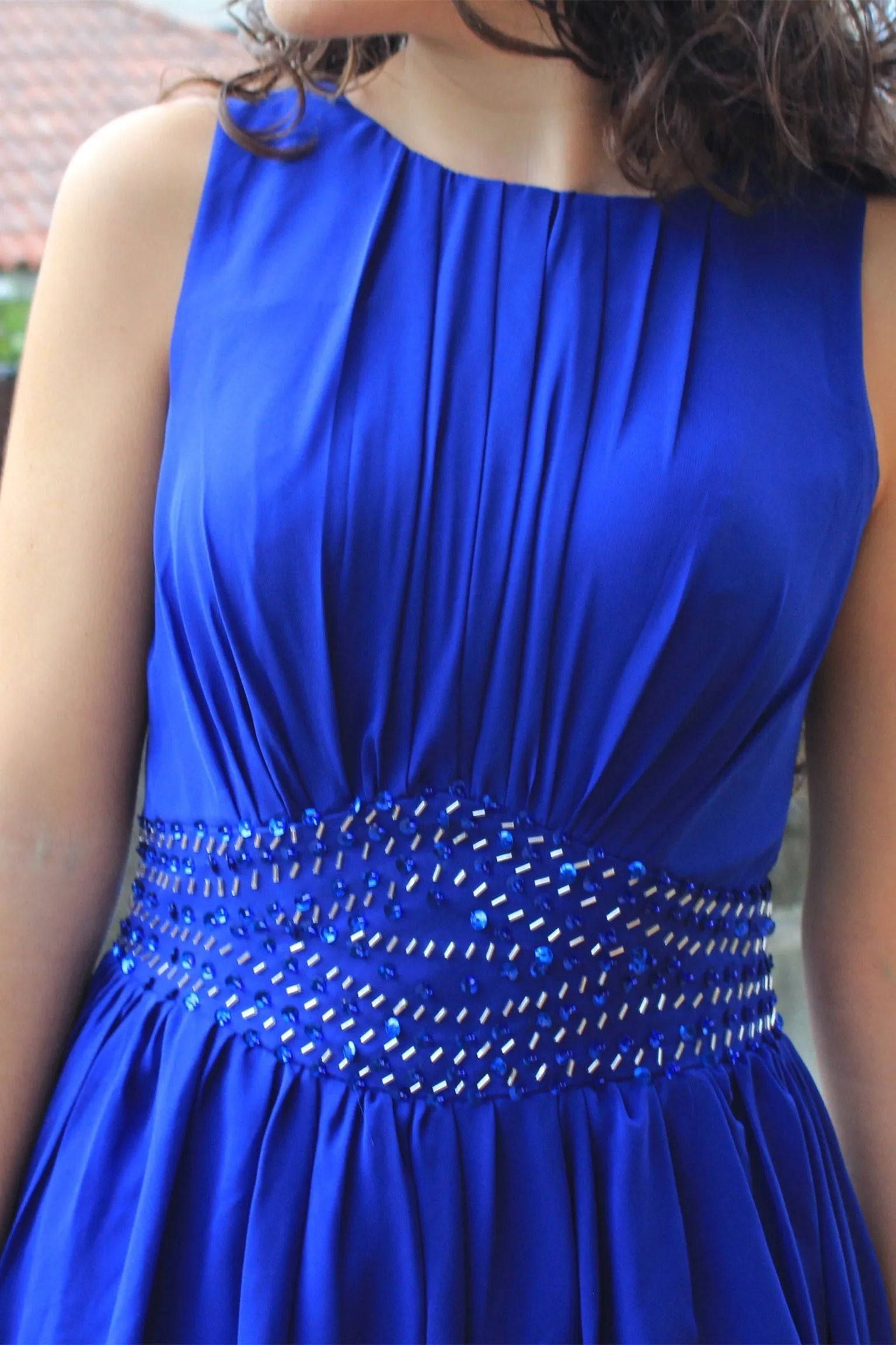 A-line Small Round Collar Knee Length Chiffon Beaded Prom Dress