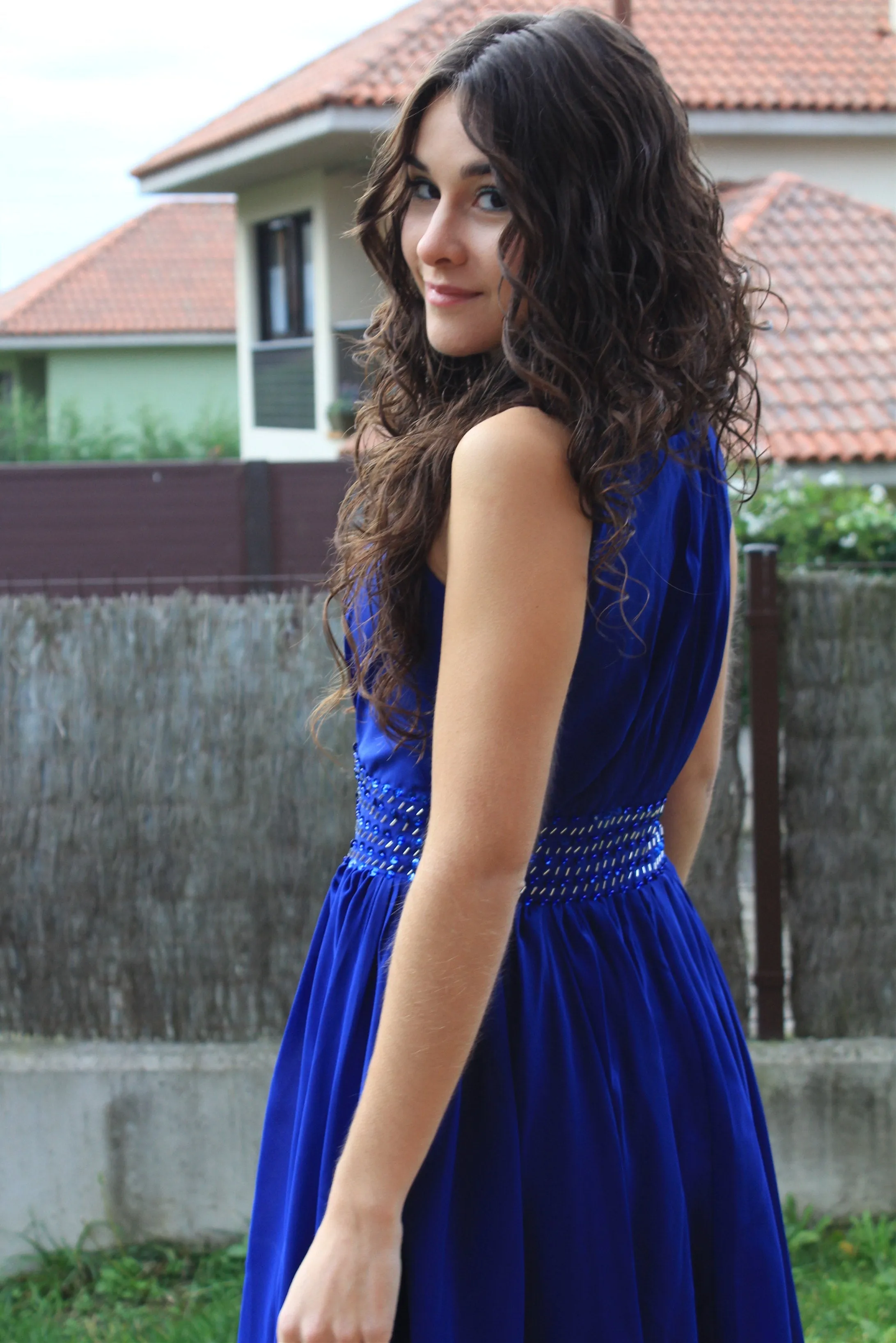 A-line Small Round Collar Knee Length Chiffon Beaded Prom Dress