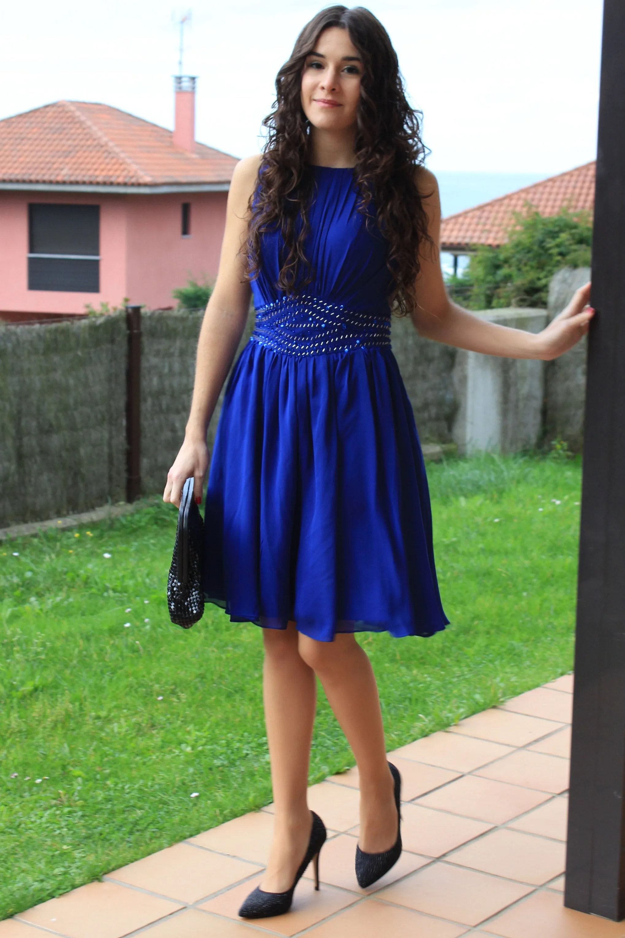 A-line Small Round Collar Knee Length Chiffon Beaded Prom Dress