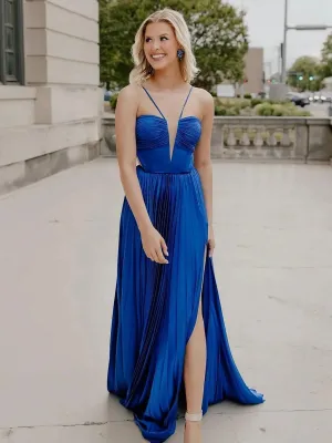 A-line Straps Pleated Chiffon Long Formal Dresses with Bow Back
