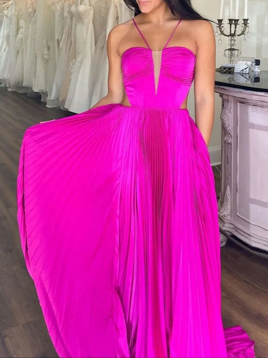 A-line Straps Pleated Chiffon Long Formal Dresses with Bow Back